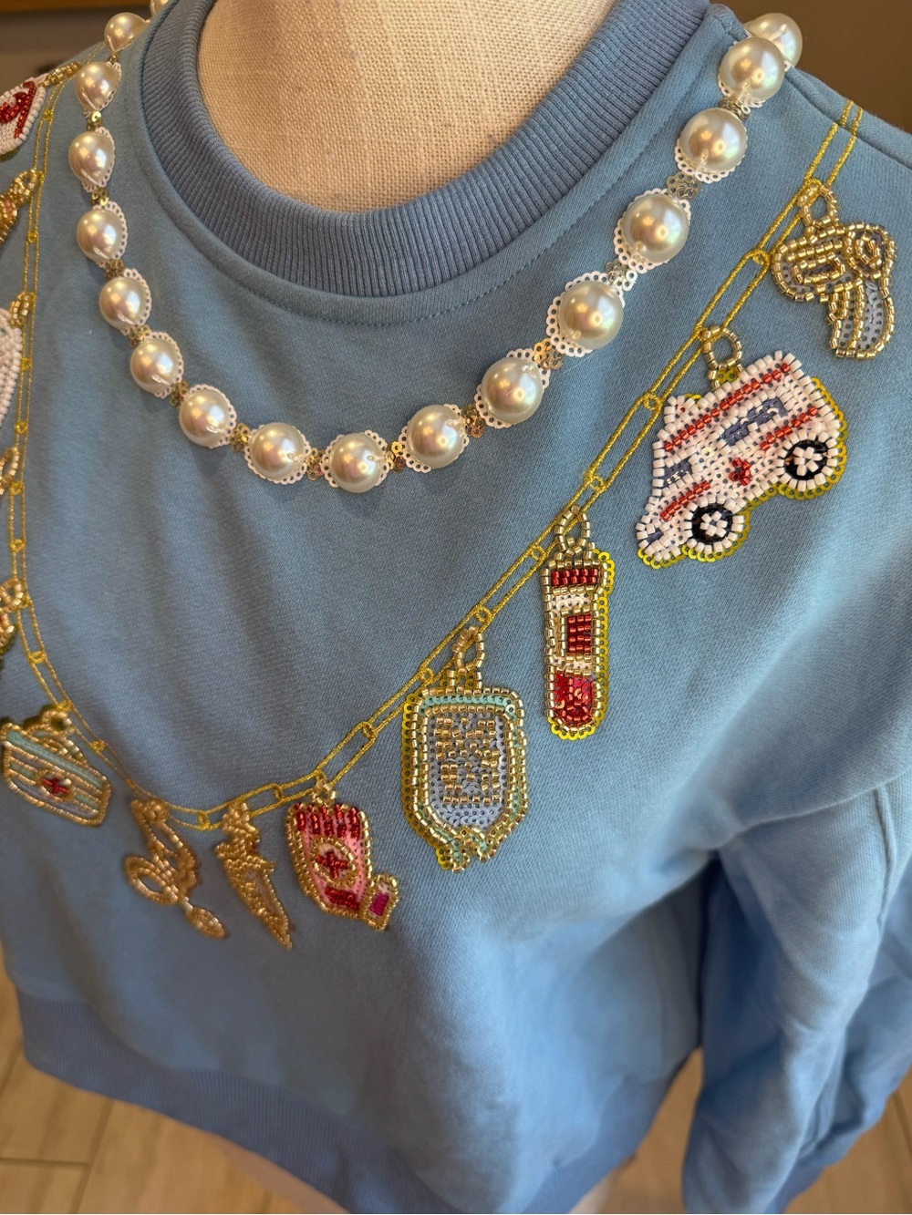 New! QUEEN OF SPARKLES Blue Sequin Medical Supply Necklace Sweatshirt - Picture 4 of 9